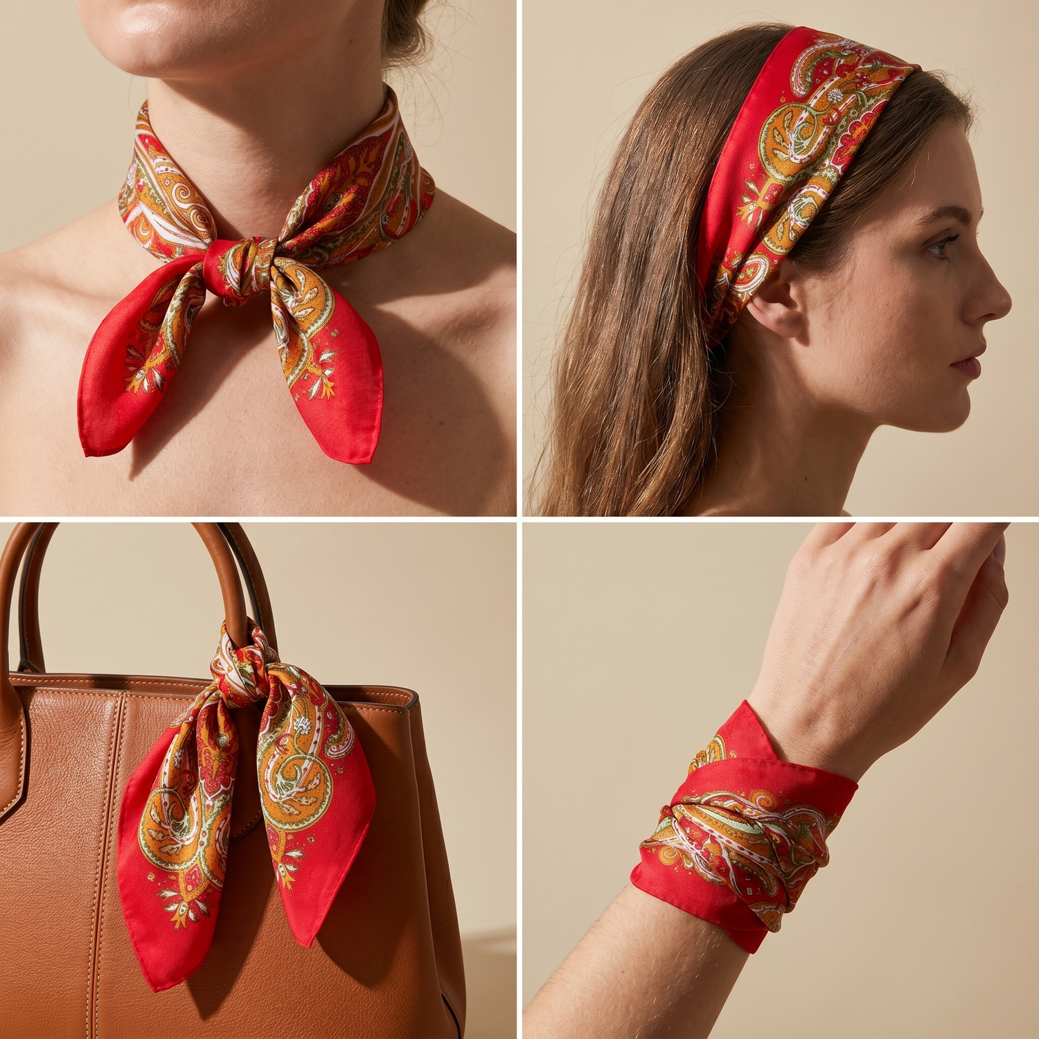 Roselys Paris foulard femme rouge orange paisley carré satiné 70x70 cm, en bandeau dans les cheveux