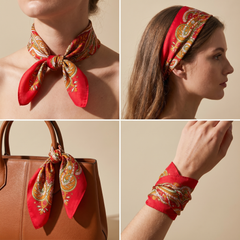Roselys Paris foulard femme rouge orange paisley carré satiné 70x70 cm, en bandeau dans les cheveux
