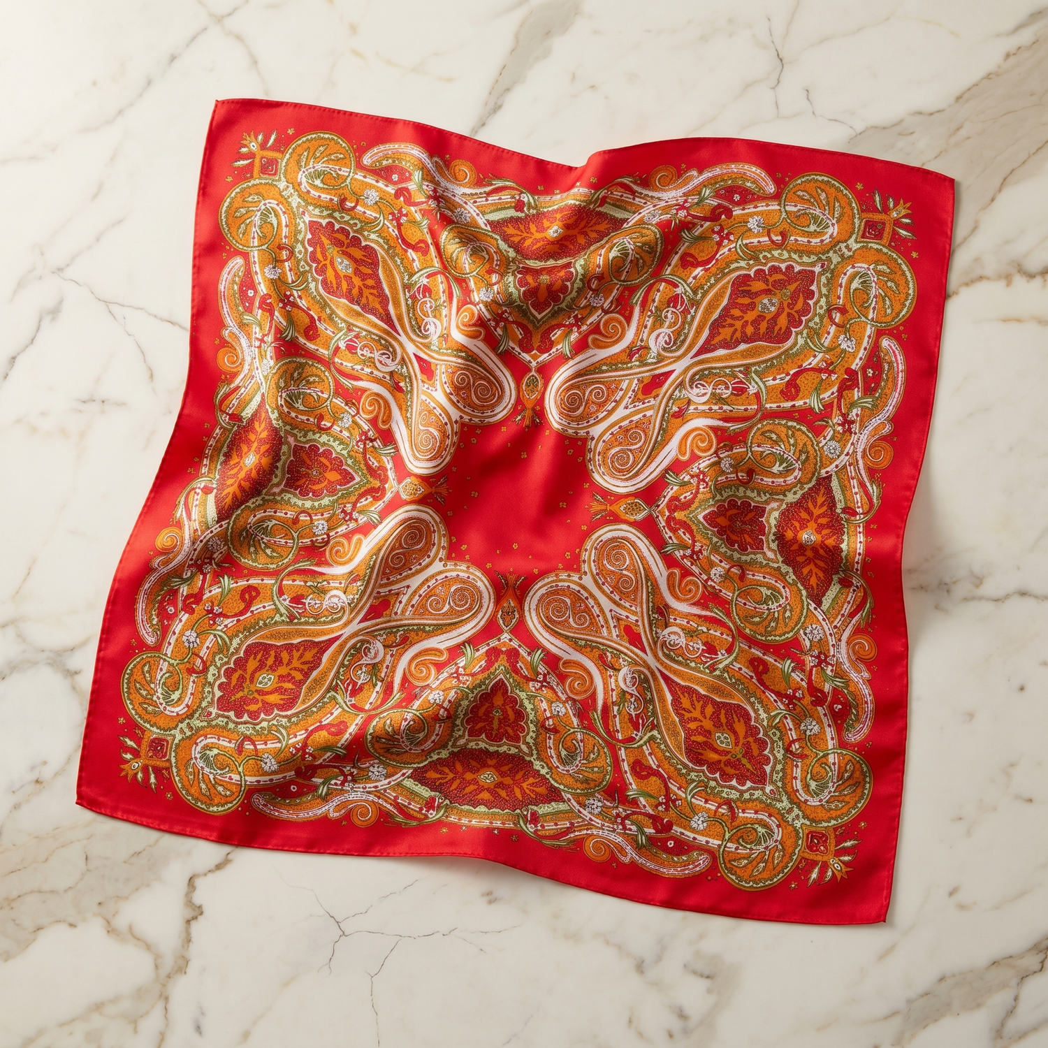 Roselys Paris foulard femme rouge orange paisley carré satiné 70x70 cm