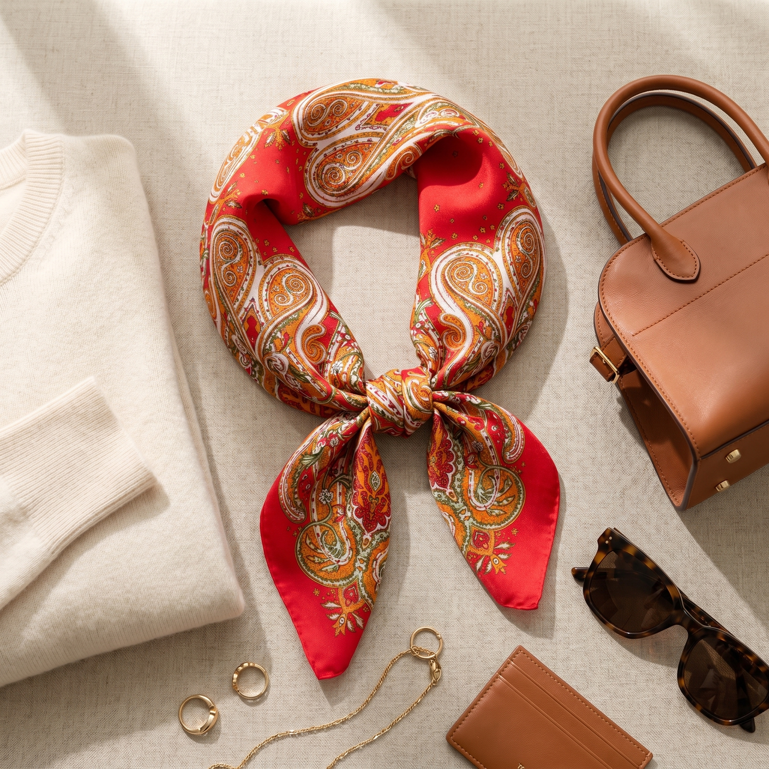 Roselys Paris foulard femme rouge orange paisley carré satiné 70x70 cm, porté au cou