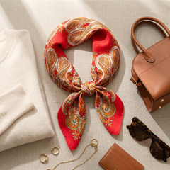 Roselys Paris foulard femme rouge orange paisley carré satiné 70x70 cm, porté au cou