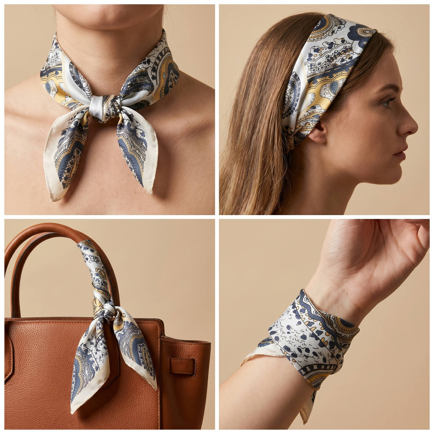 Roselys Paris foulard femme blanc marine paisley carré satiné 70x70 cm, en bandeau dans les cheveux