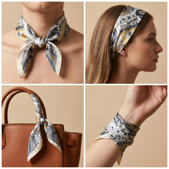 Roselys Paris foulard femme blanc marine paisley carré satiné 70x70 cm, en bandeau dans les cheveux