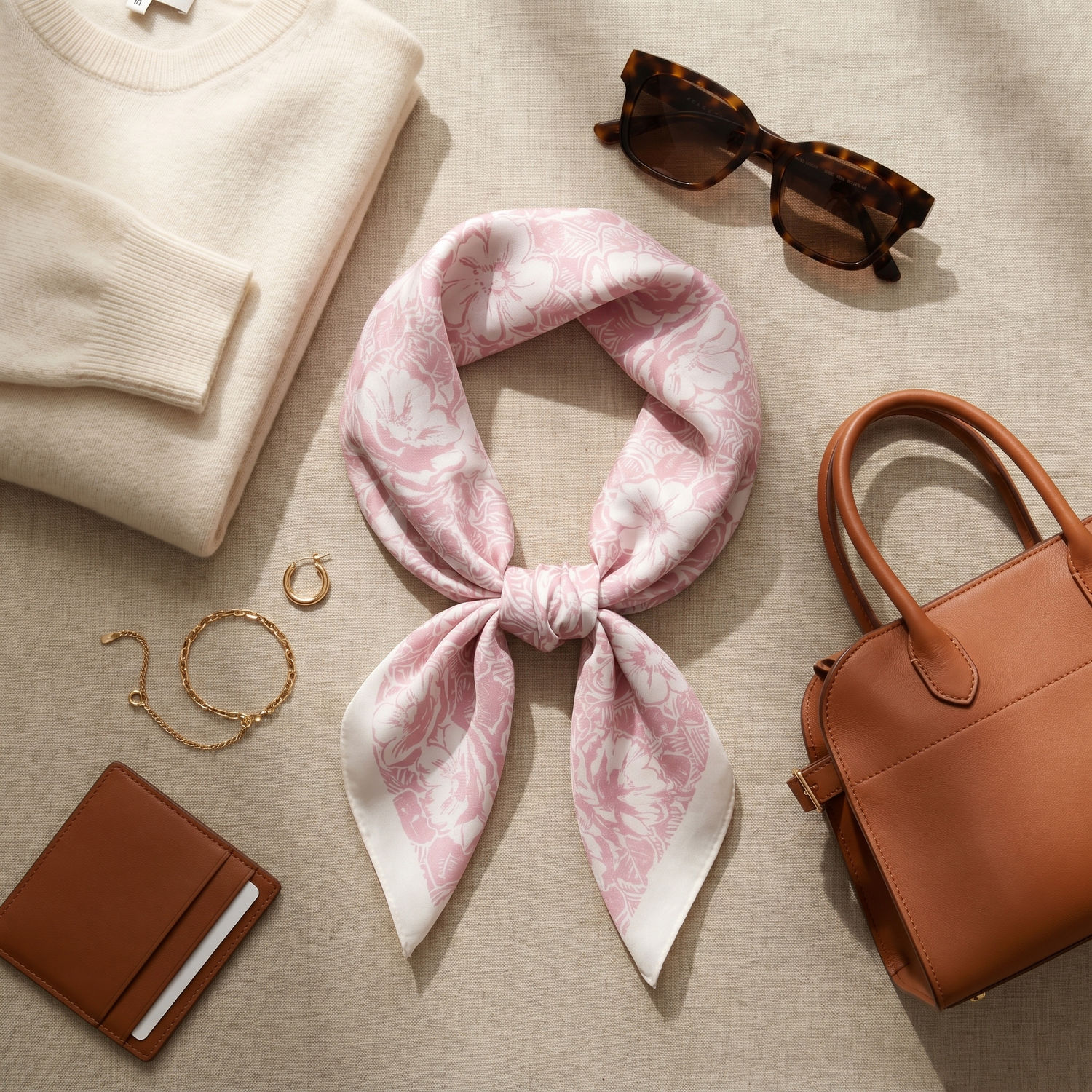 Roselys Paris foulard femme rose crème fleuri carré satiné 70x70 cm, porté au cou