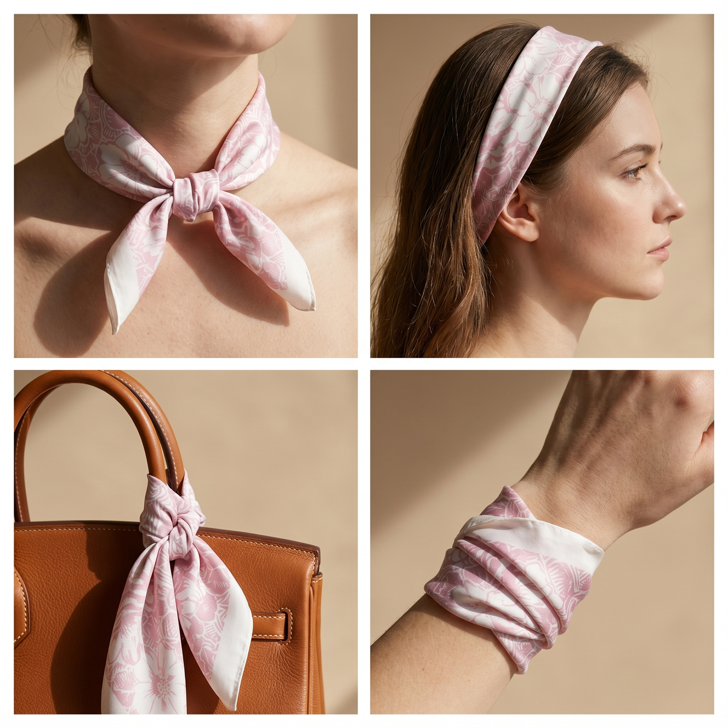Roselys Paris foulard femme rose crème fleuri carré satiné 70x70 cm, en bandeau dans les cheveux