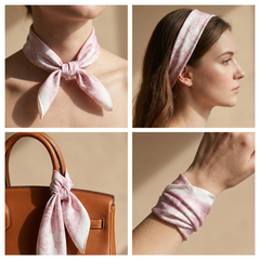 Roselys Paris foulard femme rose crème fleuri carré satiné 70x70 cm, en bandeau dans les cheveux