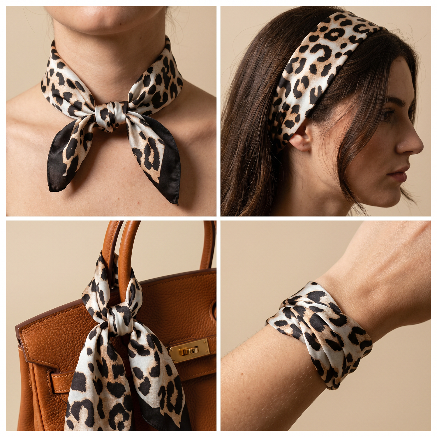 Roselys Paris foulard femme marron noir animalier carré satiné 70x70 cm, en bandeau dans les cheveux