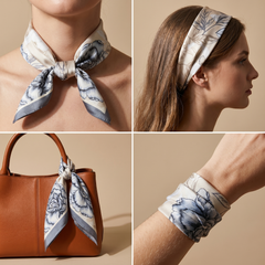 Roselys Paris foulard femme crème bleu baroque carré satiné 70x70 cm, en bandeau dans les cheveux