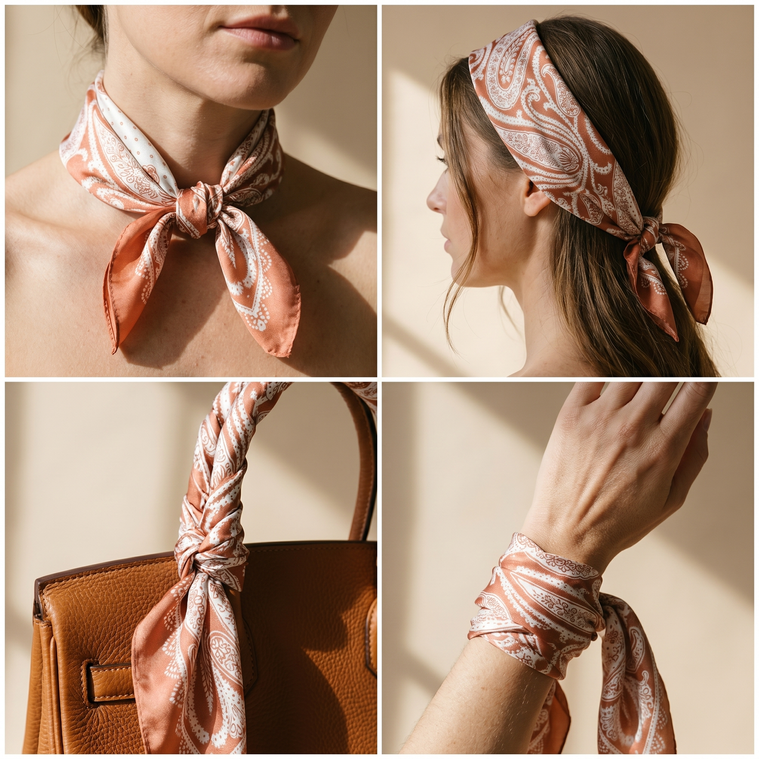 Roselys Paris foulard femme orange crème paisley carré satiné 70x70 cm, en bandeau dans les cheveux