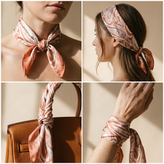 Roselys Paris foulard femme orange crème paisley carré satiné 70x70 cm, en bandeau dans les cheveux