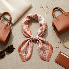 Roselys Paris foulard femme orange crème paisley carré satiné 70x70 cm, porté au cou
