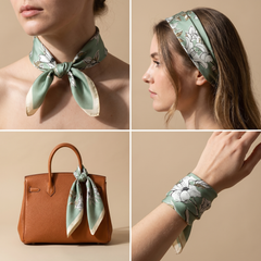 Roselys Paris foulard femme vert blanc fleuri carré satiné 70x70 cm, en bandeau dans les cheveux