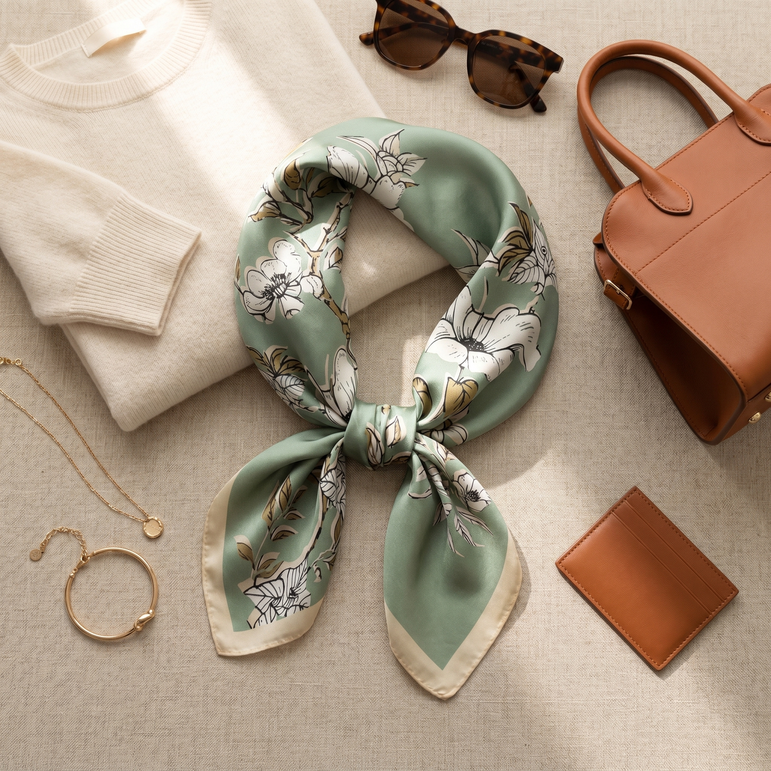 Roselys Paris foulard femme vert blanc fleuri carré satiné 70x70 cm, porté au cou