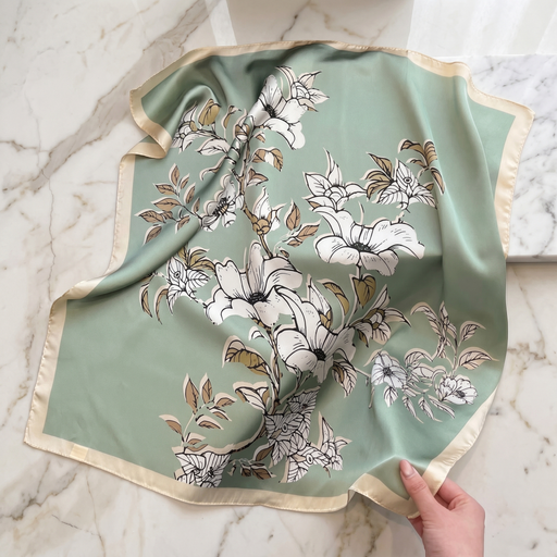 Roselys Paris foulard femme vert blanc fleuri carré satiné 70x70 cm