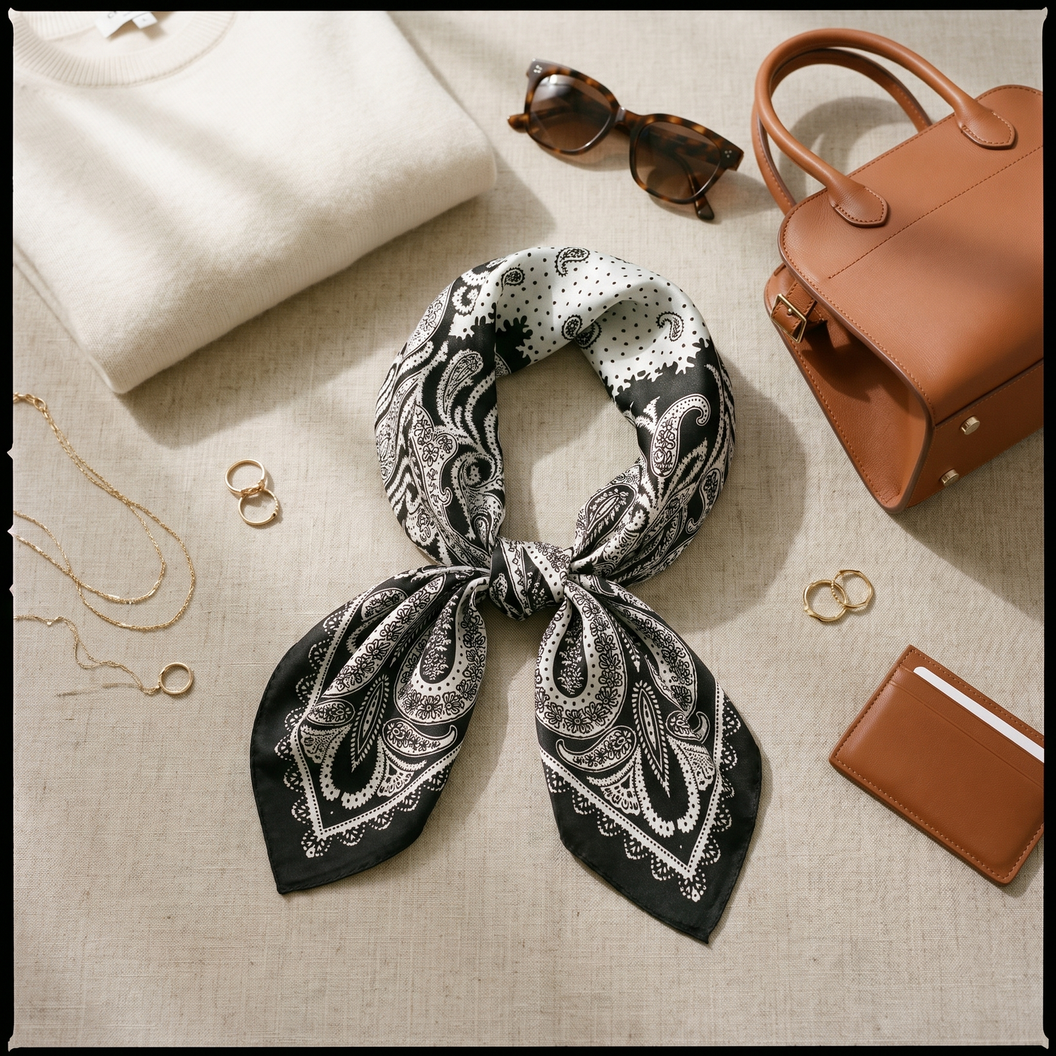 Roselys Paris foulard femme noir blanc paisley carré satiné 70x70 cm, porté au cou