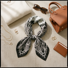 Roselys Paris foulard femme noir blanc paisley carré satiné 70x70 cm, porté au cou