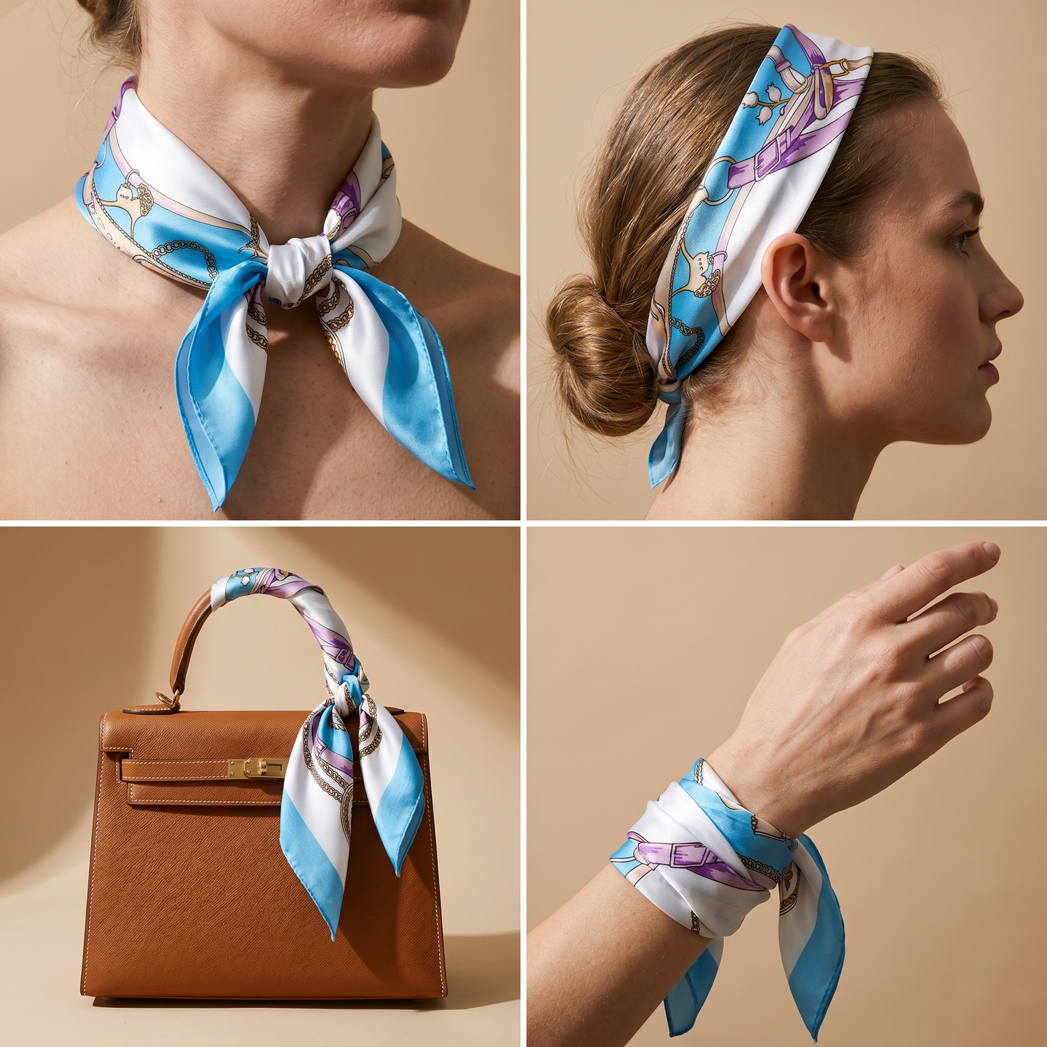 Roselys Paris foulard femme blanc bleu fleuri carré satiné 70x70 cm, en bandeau dans les cheveux