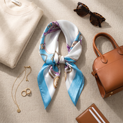 Roselys Paris foulard femme blanc bleu fleuri carré satiné 70x70 cm, porté au cou