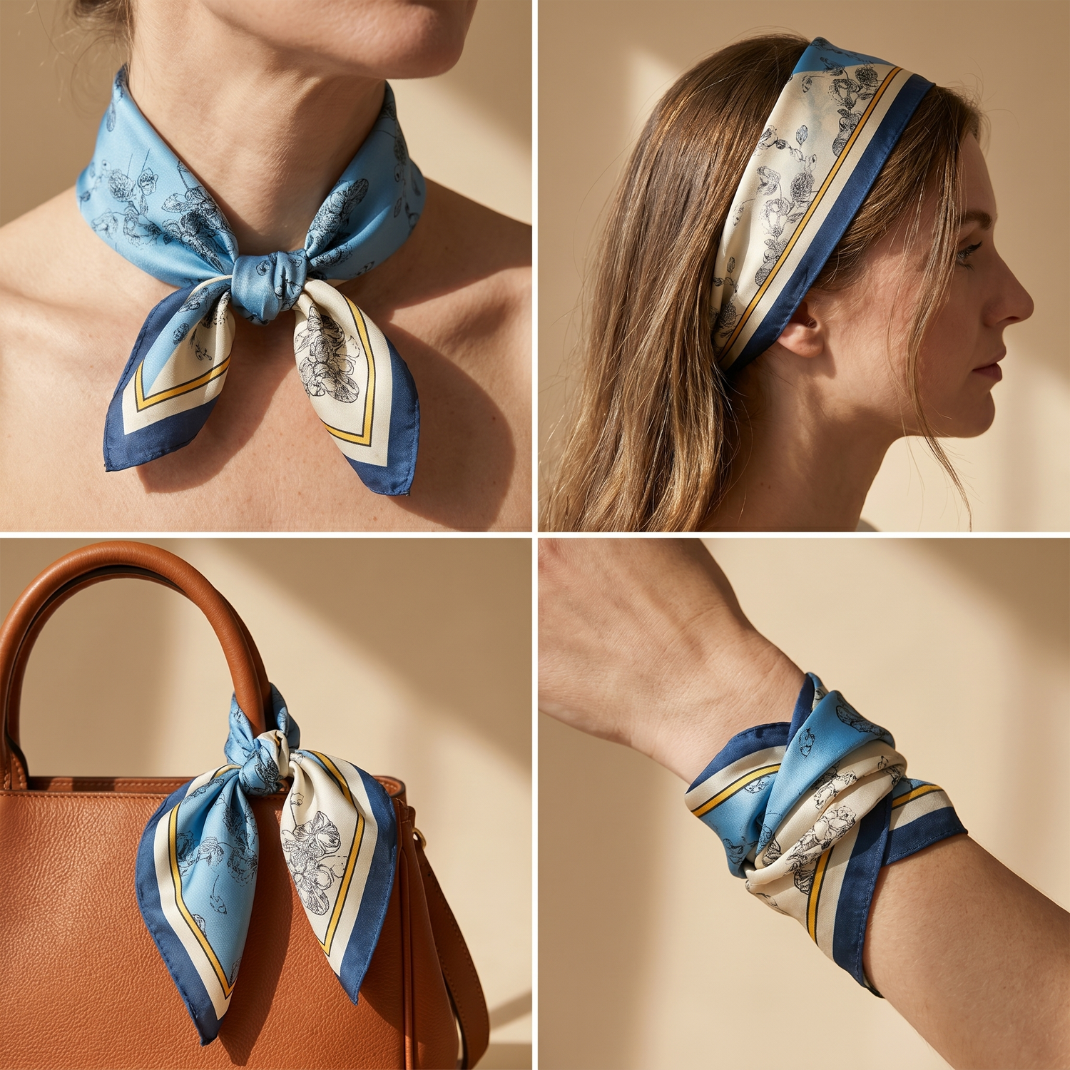 Roselys Paris foulard femme bleu beige paisley carré satiné 70x70 cm, en bandeau dans les cheveux