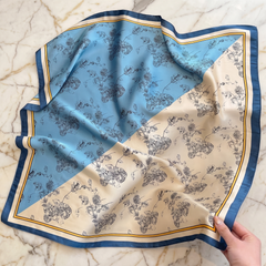 Roselys Paris foulard femme bleu beige paisley carré satiné 70x70 cm