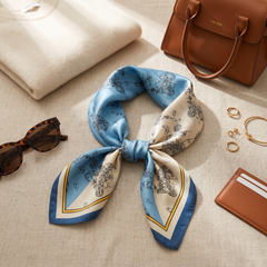 Roselys Paris foulard femme bleu beige paisley carré satiné 70x70 cm, porté au cou