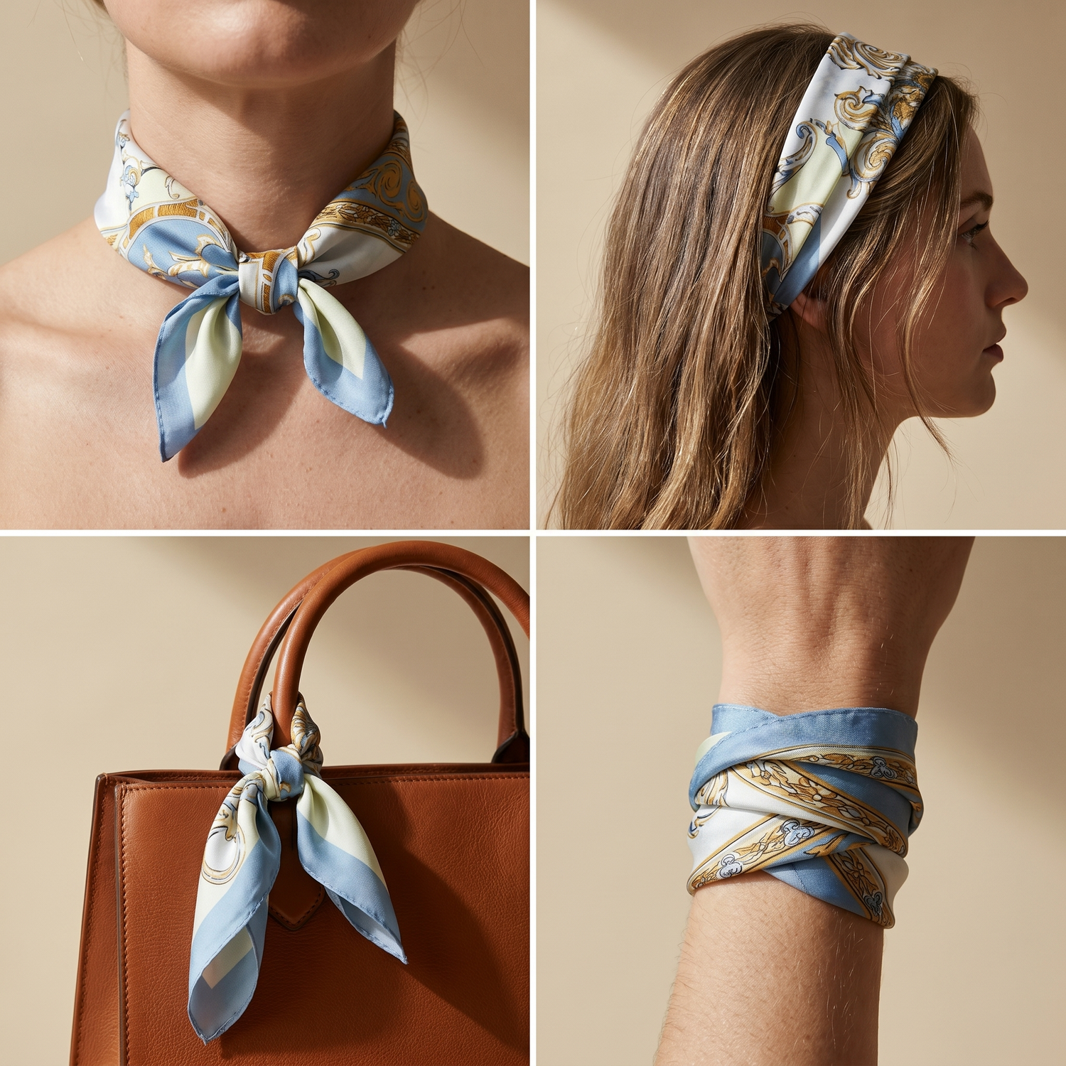 Roselys Paris foulard femme blanc doré baroque carré satiné 70x70 cm, en bandeau dans les cheveux