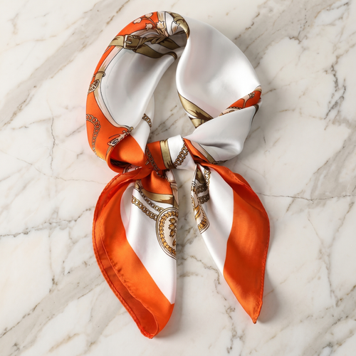 Foulard femme 70×70 cm Baroque orange blanc – Roselys Paris