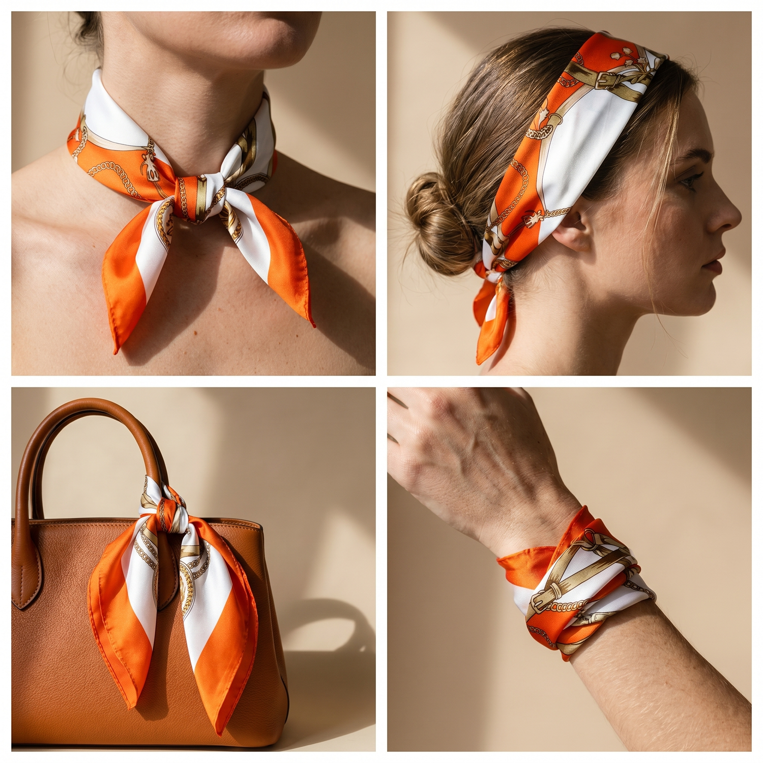 Roselys Paris foulard femme blanc orange fleuri carré satiné 70x70 cm, en bandeau dans les cheveux