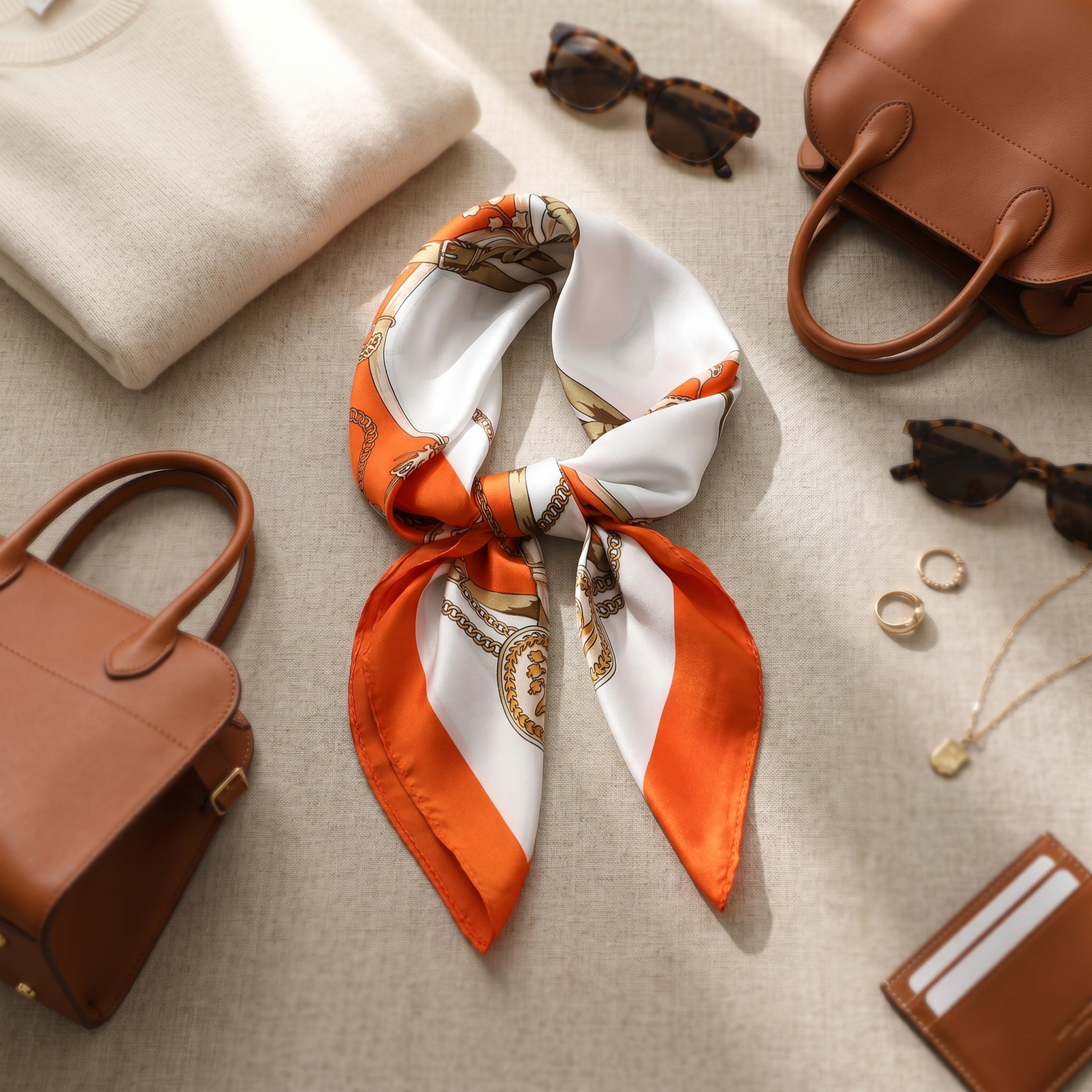 Roselys Paris foulard femme blanc orange fleuri carré satiné 70x70 cm, porté au cou