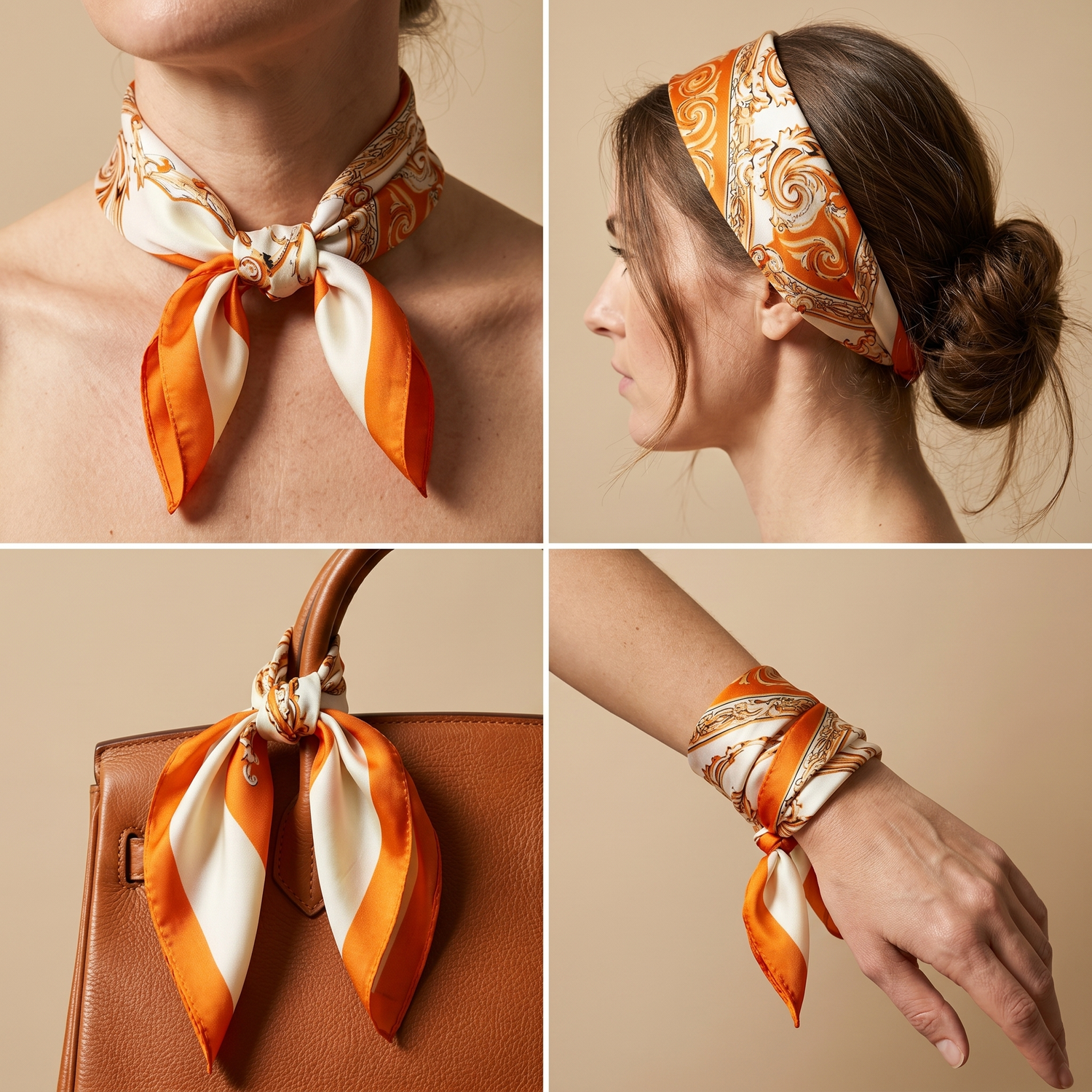 Roselys Paris foulard femme orange crème paisley carré satiné 70x70 cm, en bandeau dans les cheveux