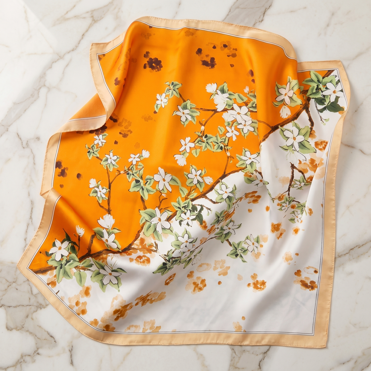Roselys Paris foulard femme orange blanc fleuri carré satiné 70x70 cm