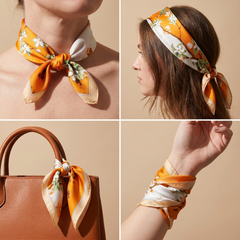 Roselys Paris foulard femme orange blanc fleuri carré satiné 70x70 cm, en bandeau dans les cheveux