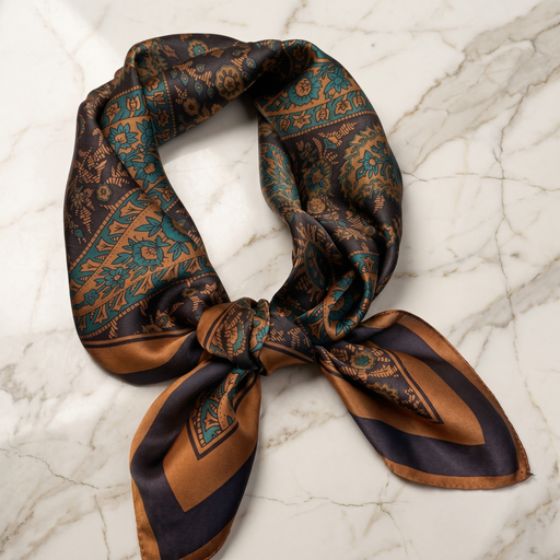 Roselys Paris foulard femme vert marron paisley carré satiné 70x70 cm