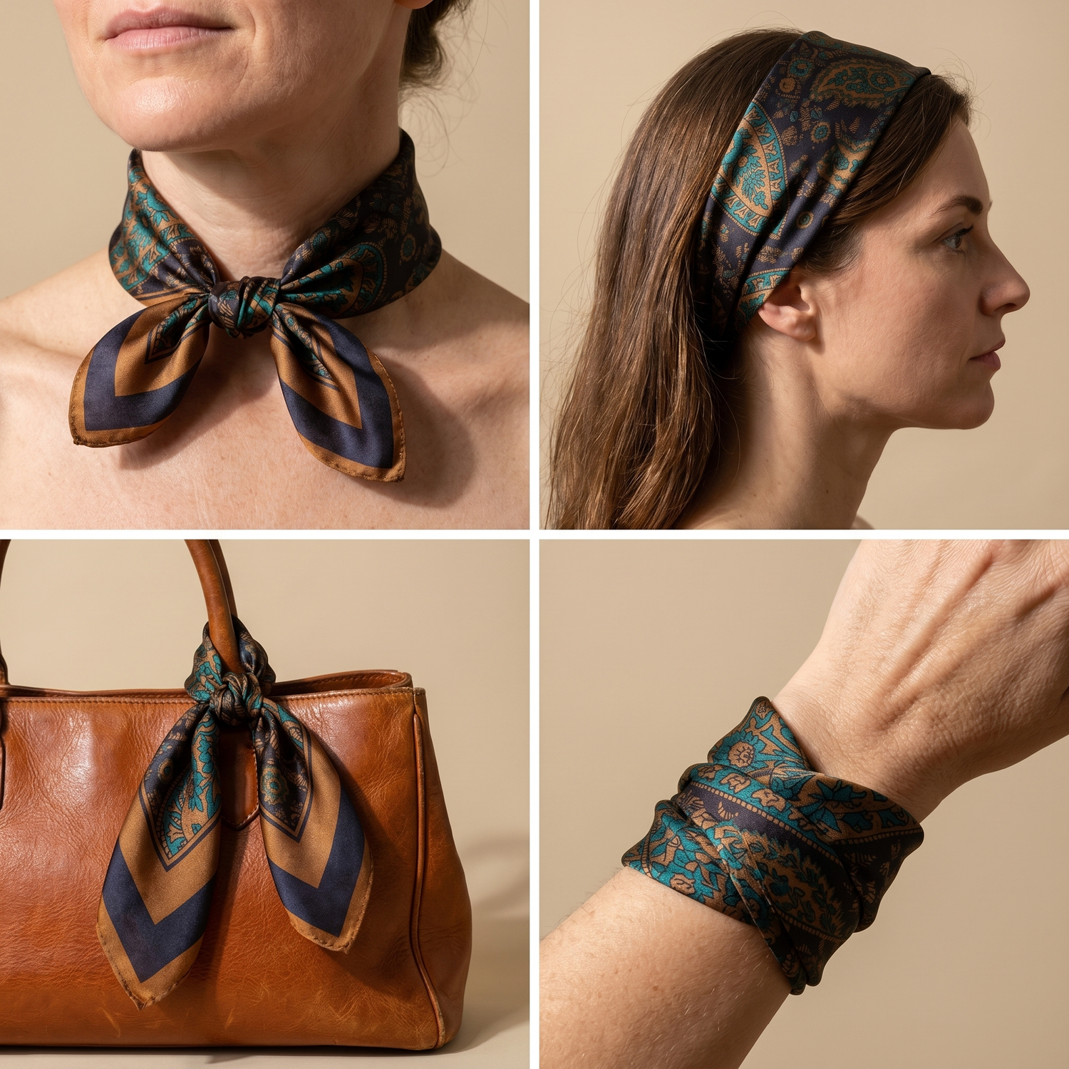 Roselys Paris foulard femme vert marron paisley carré satiné 70x70 cm, en bandeau dans les cheveux