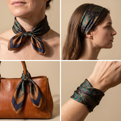 Roselys Paris foulard femme vert marron paisley carré satiné 70x70 cm, en bandeau dans les cheveux