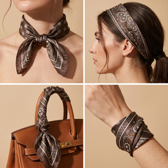 Roselys Paris foulard femme marron crème paisley carré satiné 70x70 cm, en bandeau dans les cheveux