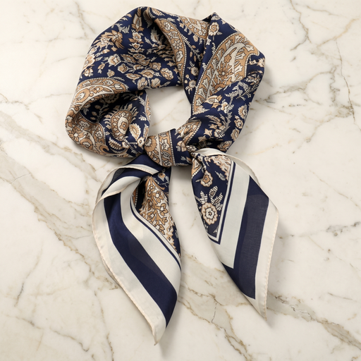 Roselys Paris foulard femme marine blanc paisley carré satiné 70x70 cm