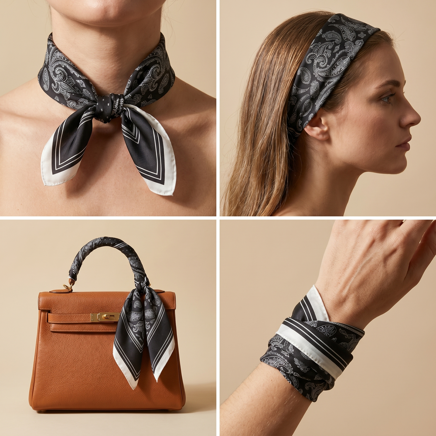 Roselys Paris foulard femme noir gris baroque carré satiné 70x70 cm, en bandeau dans les cheveux