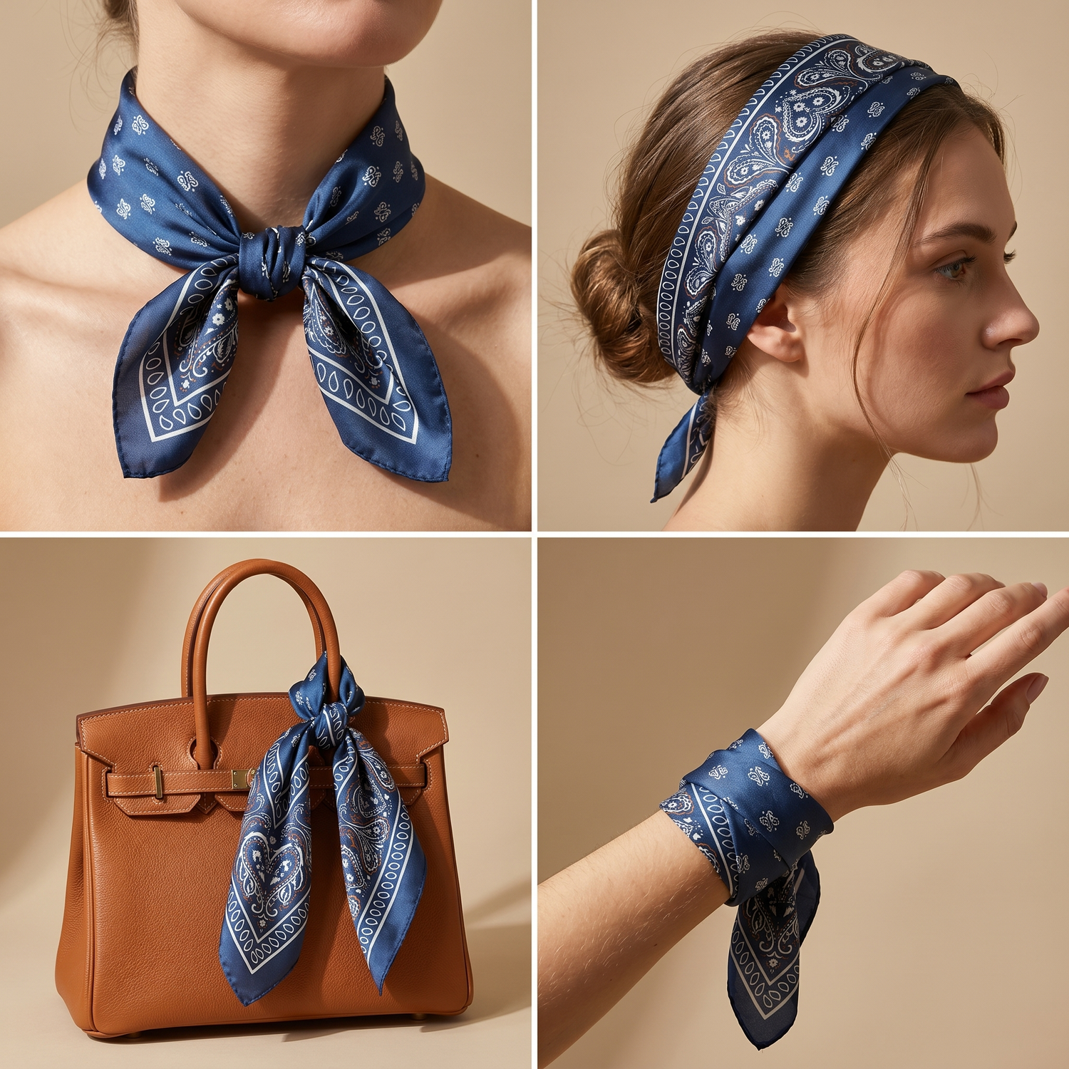 Roselys Paris foulard femme marine bleu paisley carré satiné 70x70 cm, en bandeau dans les cheveux