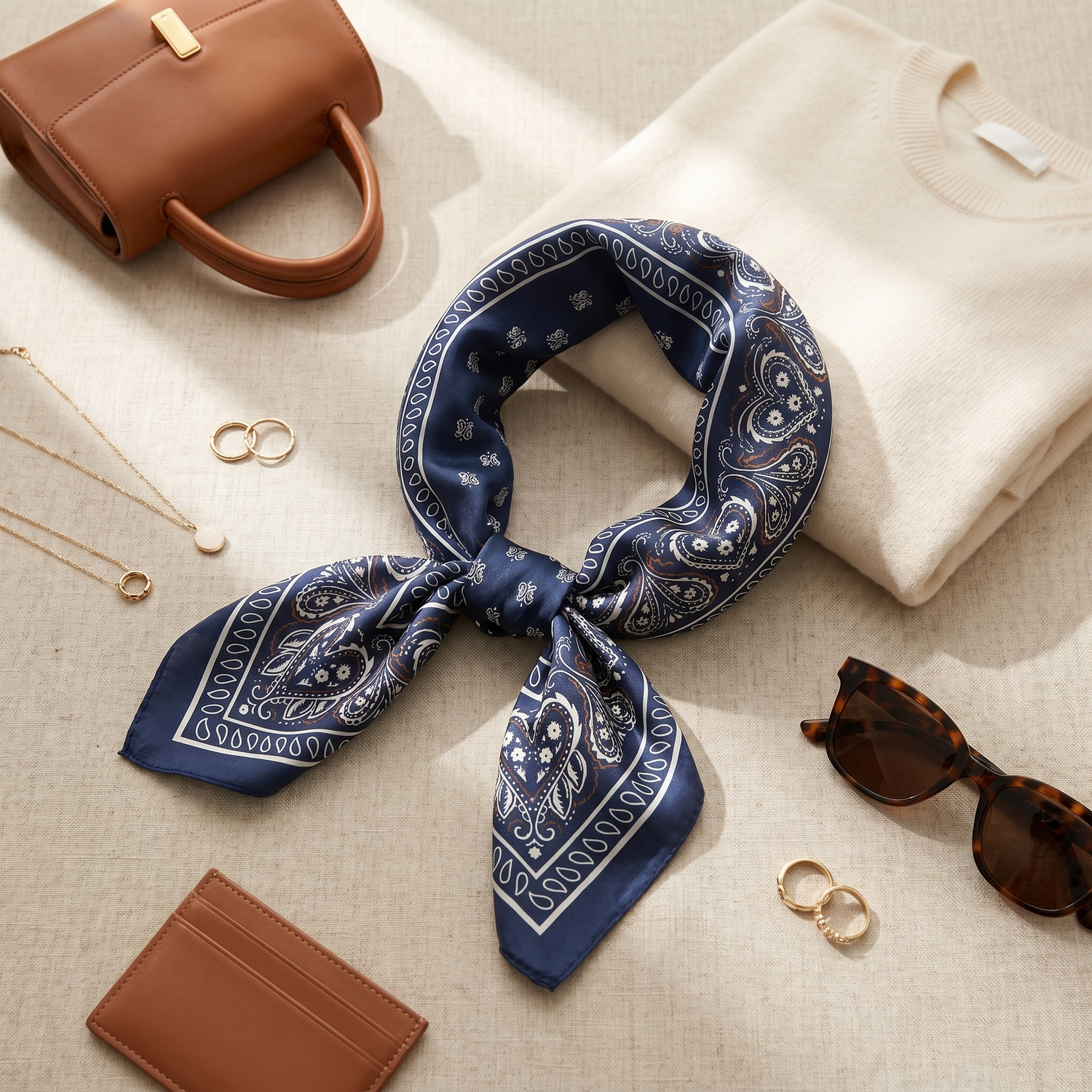 Roselys Paris foulard femme marine bleu paisley carré satiné 70x70 cm, porté au cou
