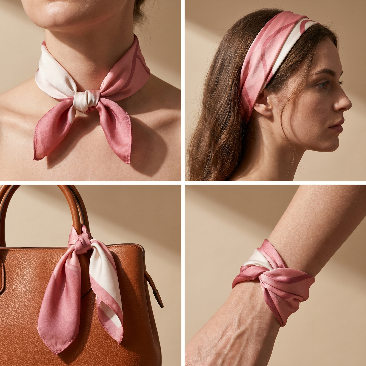 Roselys Paris foulard femme rose crème abstrait carré satiné 70x70 cm, en bandeau dans les cheveux