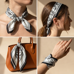 Roselys Paris foulard femme blanc noir baroque carré satiné 70x70 cm, en bandeau dans les cheveux