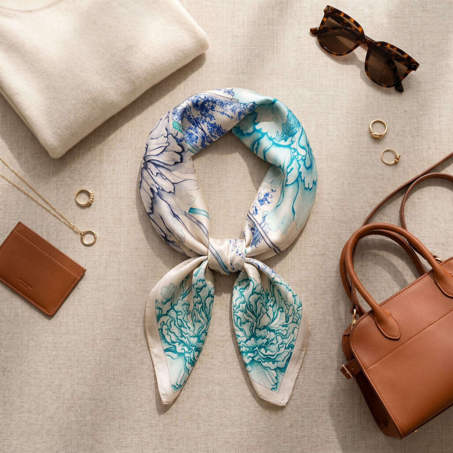 Roselys Paris foulard femme blanc turquoise fleuri carré satiné 70x70 cm, porté au cou