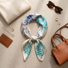Roselys Paris foulard femme blanc turquoise fleuri carré satiné 70x70 cm, porté au cou