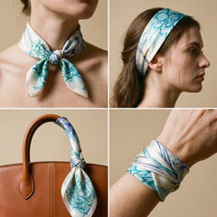 Roselys Paris foulard femme blanc turquoise fleuri carré satiné 70x70 cm, en bandeau dans les cheveux