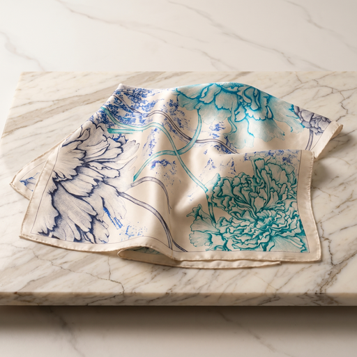 Roselys Paris foulard femme blanc turquoise fleuri carré satiné 70x70 cm