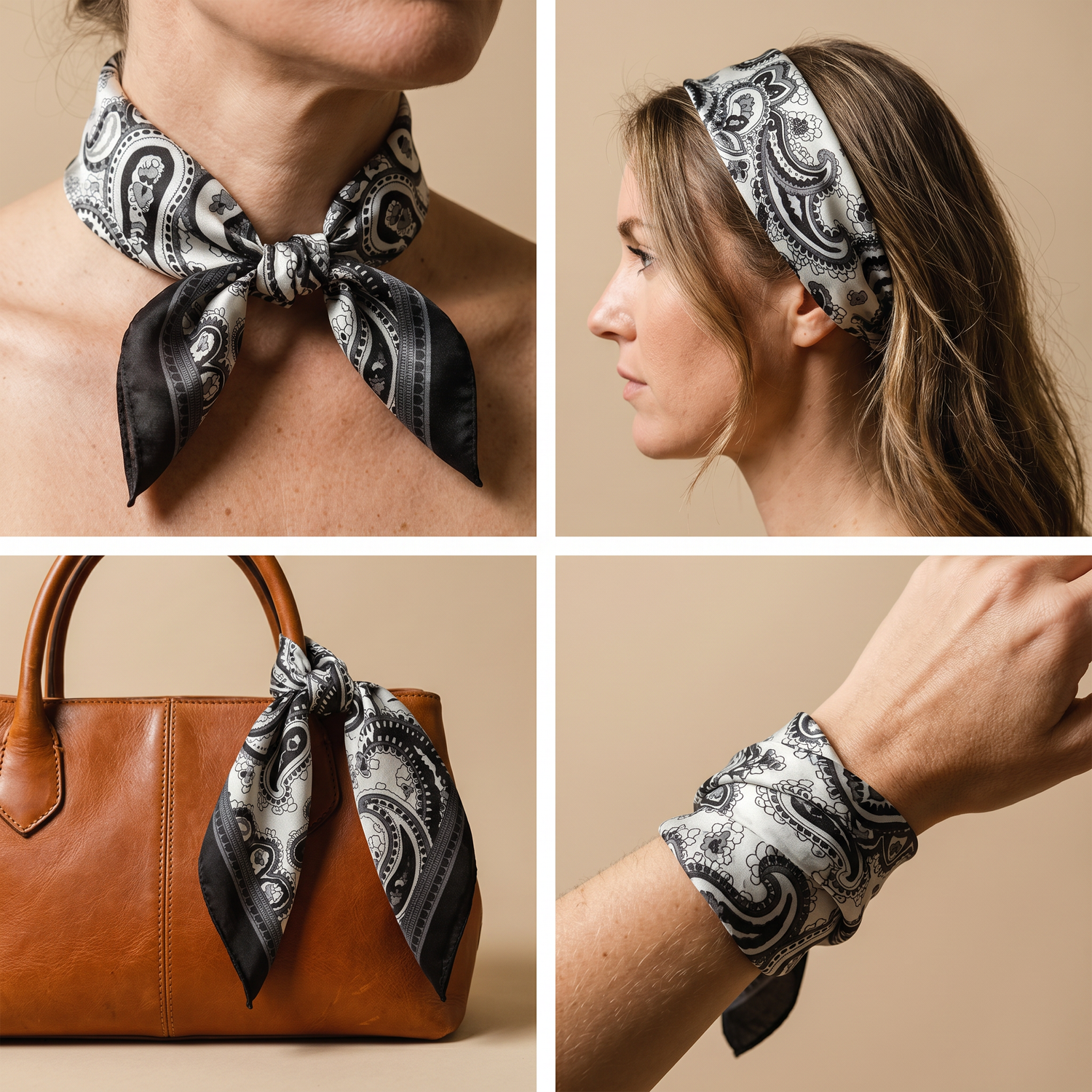 Roselys Paris foulard femme noir blanc paisley carré satiné 70x70 cm, en bandeau dans les cheveux