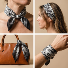 Roselys Paris foulard femme noir blanc paisley carré satiné 70x70 cm, en bandeau dans les cheveux