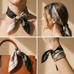 Roselys Paris foulard femme noir blanc paisley carré satiné 70x70 cm, en bandeau dans les cheveux