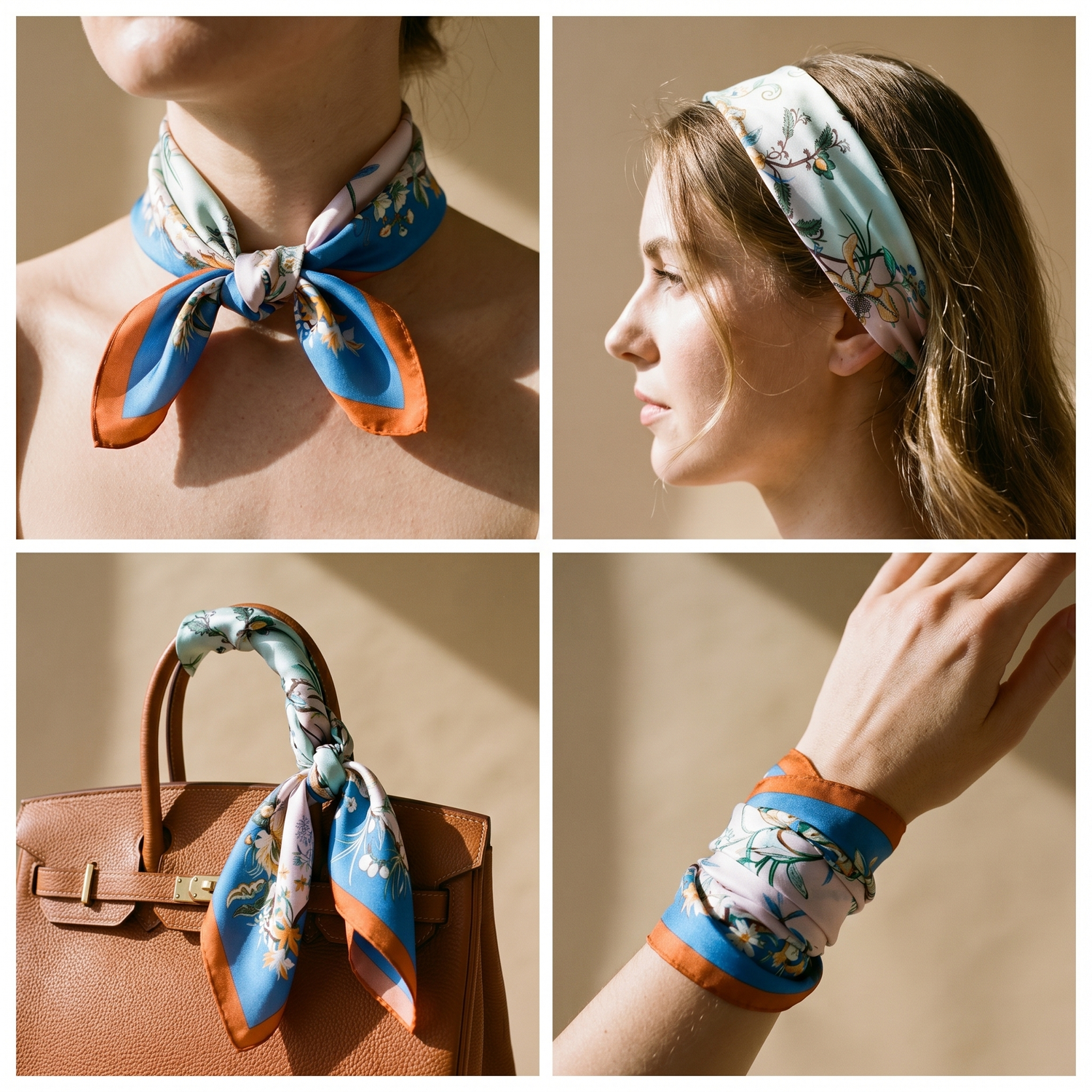 Roselys Paris foulard femme rose bleu fleuri carré satiné 70x70 cm, en bandeau dans les cheveux